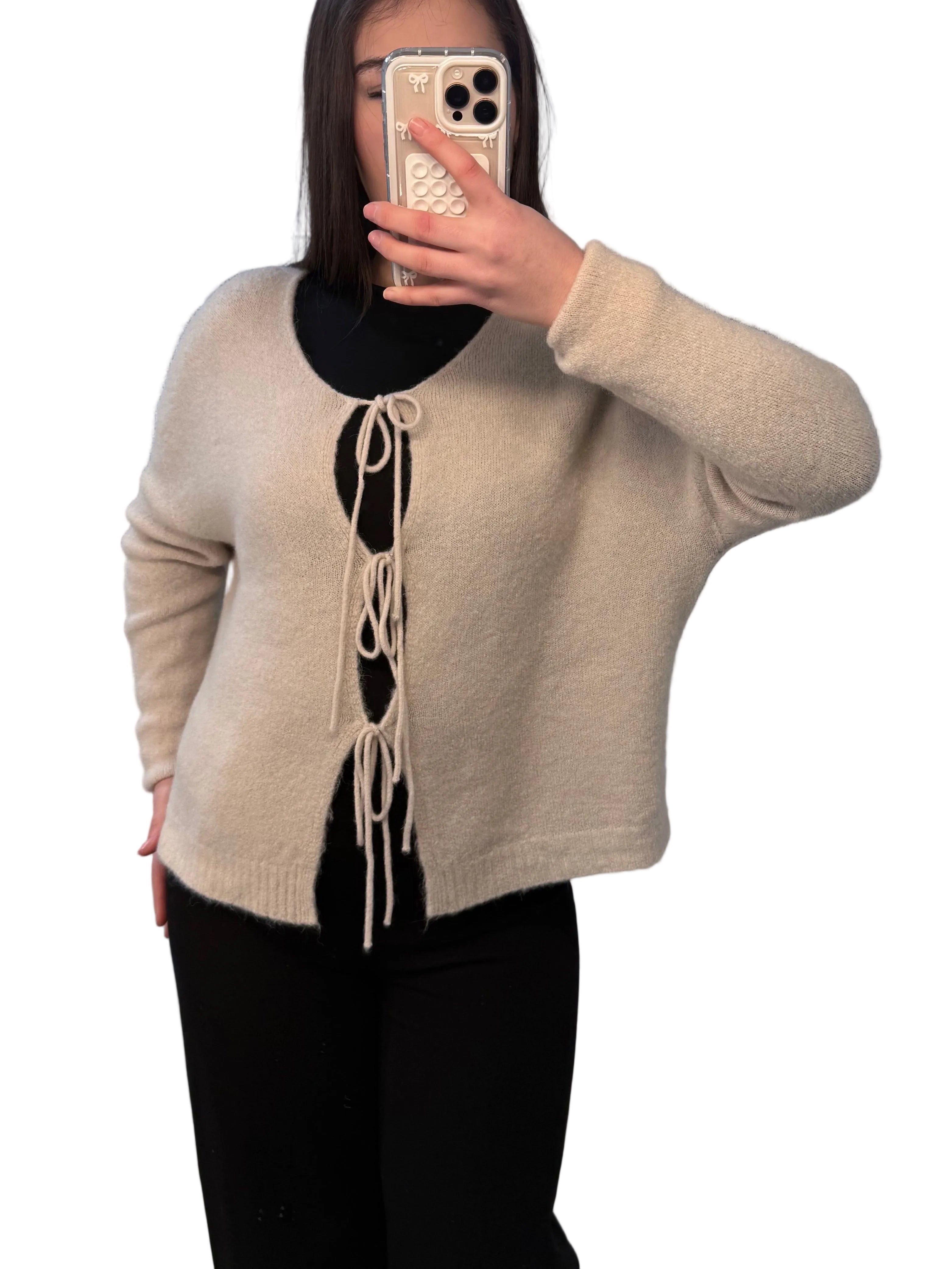 MILA - Strickjacke/Cardigan mit Vorderverschluss und Bindeband